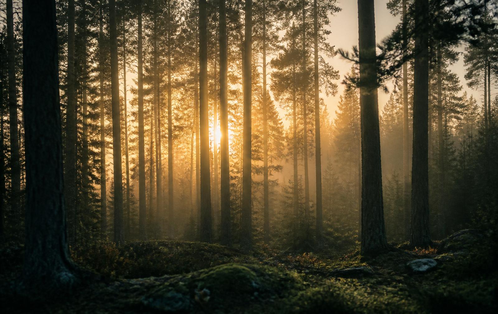 Nordisk tallskog i gryningsljus